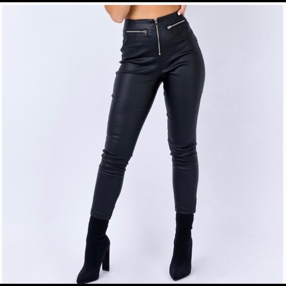 Princess Polly Coated Skinny Pants Zip Front Womens Size 12 Black Faux Leather
